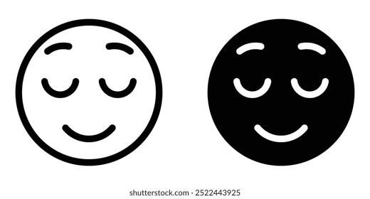 Conjunto de ícones de vetor emoji calmo. Rosto aliviado. Emoção de Smileys. Símbolo emoji relaxado. Rosto sorridente. Rosto pacífico com olhos fechados e sorriso feliz.