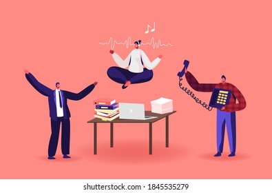 Calm Employee Break in Messy Office. Female Character Office Worker Meditating at Workplace. Relaxed Businesswoman in Lotus Position Doing Yoga Soaring over Desk. Cartoon People Vector Illustration