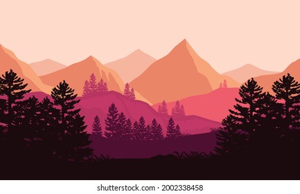 Calm evening sky with stunning mountain views from the edge of the city. Vector illustration of a city