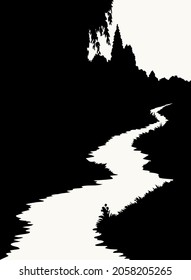 Calm evening sunset brook rivulet reed bank  way scene dark black ink outline contour hand drawn picture art retro vintage style. Quiet grass bush shrub plant dusk night view white text space backdrop