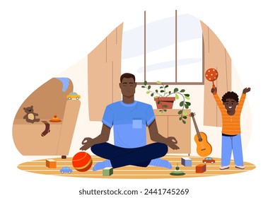 Calm father at home. Man sitting in lotus position near chaos and mess. Mental wellbeing and inner peace. Boy with toys in room. Cartoon flat vector illustration isolated on white background
