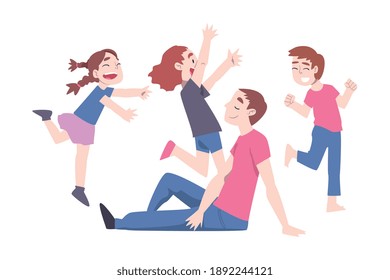 Calm Father and Mischievous Children, Calm Dad Relaxing among Running Naughty Kids Cartoon Style Vector Illustration