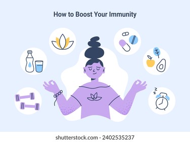 A calm female character with healthy habits for boosting the immune system. Healthy lifestyle and immunity support. Vector flat illustration on a blue background.