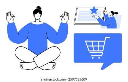 Calm figure meditating, hand holding screen with star, and speech bubble with shopping cart symbol. Ideal for wellness, online shopping, digital marketing, mindfulness, mobile apps, user experience