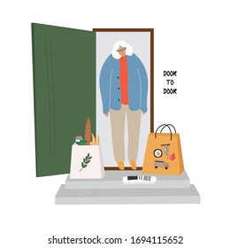 
Calm flat vector illustration with grandmother who delivered food contactlessly. Help for the elderly. Self isolation.