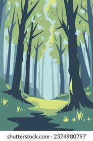 Calm forest with trees landscapes poster background flat vector illustration