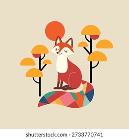 Calm Fox in a Colorful Forest Flat Illustration