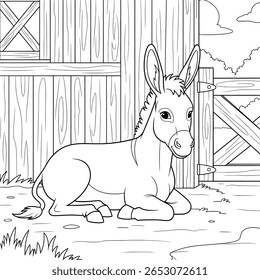 Um burro calmo e amigável descansa no celeiro nesta página de coloração com tema de fazenda — ideal para os amantes de animais e diversão criativa.