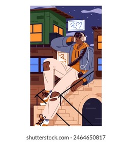 Calm giant teenager sits on stairs and listens to music with headphones at night. Happy enormous person relaxes on city street. Vertical poster about peaceful urban life. Flat vector illustration