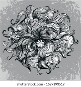 calm girl face with a shock of hair, vector illustration