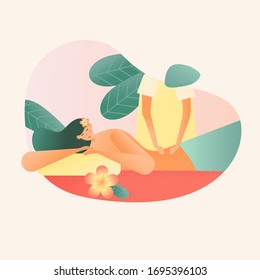 Calm girl lying on massage table. The masseuse is massaging by hands on girl's back. Spa and therapy concept. Relaxing environment. Spa and beauty abstract modern vector illustration.