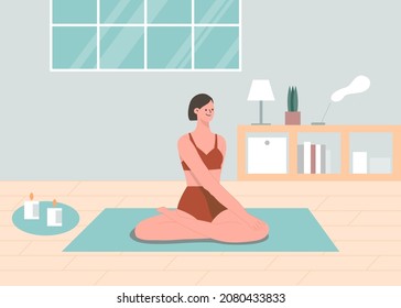 Calm girl in meditating, sitting on lotus pose at home with candle and incense stick. Home training and Self care. Yoga concept vector illustration.