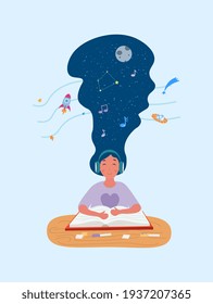 Una chica tranquila está leyendo un libro con auriculares encendidos. Joven sentada con los ojos cerrados, escuchando música e imaginando el espacio. Concepto de meditación y búsqueda de la paz. Ilustración vectorial de dibujos animados planos