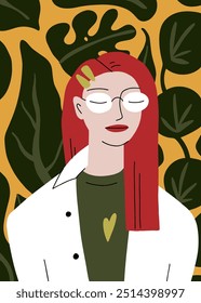 Calm girl in round glasses, oversize shirt, white T-shirt. Relaxed, dreaming woman portrait. Tropical leaves, autumn style poster. Long hair, cute heart, 90's hairpins. Vector Character illustration