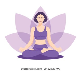 Calm girl with a short hair sitting in yoga pose lotus flower background. Meditating and yoga. International yoga day. Vector illustration