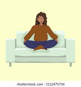 Calm girl sitting on a yellow sofa. Flat vector illustration.