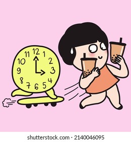 Calm Girl Standing Away From Running Clock On Skating Board Concept Card Character illustration
