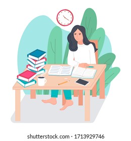 Calm girl studying on plants background vector illustration cartoon flat design modern style 