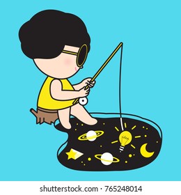 Calm Girl Waiting Patiently Looking At New Idea On A Hook In A Galaxy Pond Concept Card Character illustration