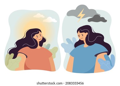 Calm girl with white cloud and sun above head and angry girl in stress with thunder and storm. Woman in bad and good mood flat vector illustration. Premenstrual syndrome, PMS, mental health concept