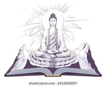 Tranquilo, el loto del asiento del dios buddha pospone la meditación. Dibujo gráfico vectorial de ilustraciones de libros abiertas