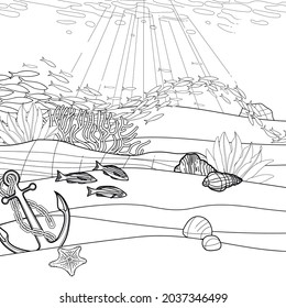 Calm graphic sandy ocean bottom with the stones, anchor, coral reef plants and creatures. Vector design