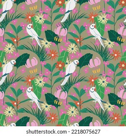 Calm green exotic bird pattern. Hawaiian birds in jungle. White parrots surrounded by flowers and tropical foliage. Modern trendy vector pattern for stationery, wallpaper, textile and clothes design.
