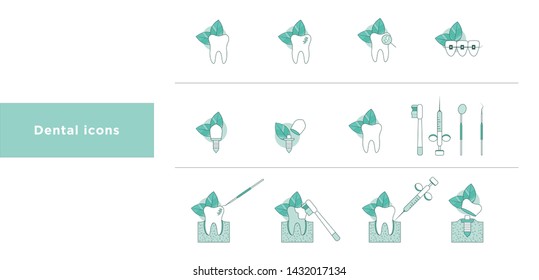 
Calm green icons for dentistry on a white background. Tools for dentists,  teeth care. Illustration for the hospital site.