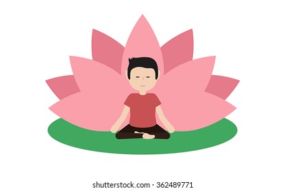  Calm guy is doing yoga and sitting in the lotus position with pink petals of a lotus flower behind. Isolated on white background Flat illustration. 