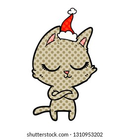 ilustración de un gato con sombrero santa dibujado a mano