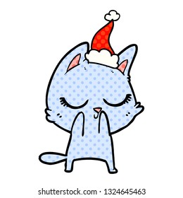 calm hand drawn comic book style illustration of a cat wearing santa hat