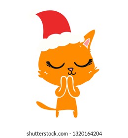 calm hand drawn flat color illustration of a cat wearing santa hat