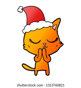 calm hand drawn gradient cartoon of a cat wearing santa hat
