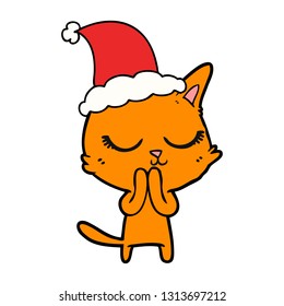 dibujo de una línea dibujada a mano tranquila de un gato con sombrero santa