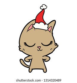 calm hand drawn line drawing of a cat wearing santa hat