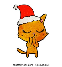 calm hand drawn textured cartoon of a cat wearing santa hat