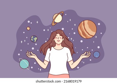 Calm happy girl meditate surrounded by planets. Young woman enjoy meditation dreaming or visualizing. Cosmos and universe. Astronomy concept. Flat vector illustration. 