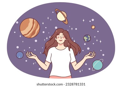 Calm happy girl meditate surrounded by planets. Young woman enjoy meditation dreaming or visualizing. Cosmos and universe. Astronomy concept. Flat vector illustration.