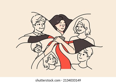 Calm Happy Young Woman Keep Family In Heart. Smiling Grateful Girl Feel Love And Care To Relatives. Emotional Bond And Attachment Concept. Good Relationship. Flat Vector Illustration. 