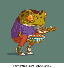 Calm hipster frog eating udon, vector illustration. Cute anthropomorphic frog sitting on his haunches and eating noodles with chopsticks from the patterned bowl. An animal character with a human body.