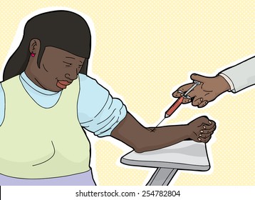 Calm Hispanic female at table giving blood for test