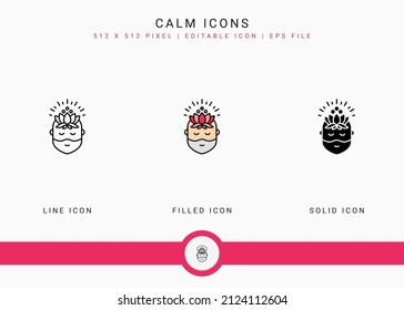 Calm icons set vector illustration with solid icon line style. Meditating energy concept. Editable stroke icon on isolated background for web design, user interface, and mobile app