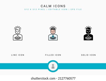 Calm icons set vector illustration with solid icon line style. Meditating energy concept. Editable stroke icon on isolated background for web design, user interface, and mobile app
