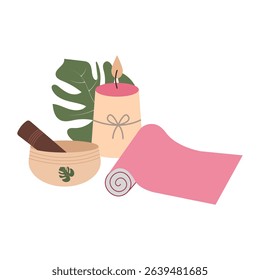 Calm illustration featuring meditation gear: yoga mat in hand-drawn style, singing bowl sound instrument, candlelight ambiance and tropical greenery