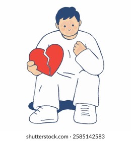 A Calm Illustration of Figure Character sitting alone, holding a heart that is cracked in half.