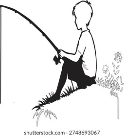 A calm and imaginative black and white line art illustration showing a young child sitting quietly on a grassy riverbank during a peaceful night. The boy holds a simple fishing rod while trying to catch a glowing star that hangs gently above the surface of the water. Soft ripples spread across the lake as the star touches the reflection below, creating a magical and dreamy atmosphere. The surrounding scenery includes delicate plants, natural shoreline details, and a tranquil horizon that fades into the distance.

Above the child, the sky appears vast and enchanting, filled with tiny shining stars, a graceful crescent moon, and a streaking meteor that adds motion to the still night environment. The minimal outline style keeps the artwork clean and elegant while allowing every element to remain clear and balanced. Smooth lines define the boy, the fishing rod, the sparkling star, and the calm water surface, giving the illustration a peaceful storytelling mood.

This artistic concept symbolizes imagination, curiosity, childhood wonder, dreams, and the quiet beauty of nature. The scene captures a magical moment where fantasy meets reality, suggesting that even the smallest dream can reach the sky. The simple monochrome outline makes the design suitable for many creative purposes including coloring pages, educational materials, posters, prints, children's books, storytelling graphics, and inspirational artwork.

The balanced composition highlights the connection between the child and the night sky, creating a gentle narrative of hope and creativity. With its clean vector-friendly structure and minimal design, the illustration works perfectly for digital projects, publishing, merchandise, or decorative artwork. The peaceful lakeside setting combined with celestial elements produces a timeless and dreamy visual experience that can appeal to both children and adults.
