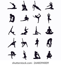 A calm and inspiring collection of yoga poses (asanas) in flat silhouette style. This set features various stretching and meditation poses such as Hatha and Vinyasa yoga. Designed to support wellness-