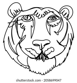 Calm kind tiger in one line on a white background. Stylized image. Vector illustration of a predatory animal. Chinese symbol of 2022.