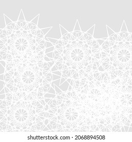 Calm Lace Chaotic Soft Frost Stars Silver Ornamental Pattern. Folk Monochrome Mystery Satanic White Pastel Cold Light Illustration. Sharp Complicated Winter Mandala Ice Luxury Grey Print Background.