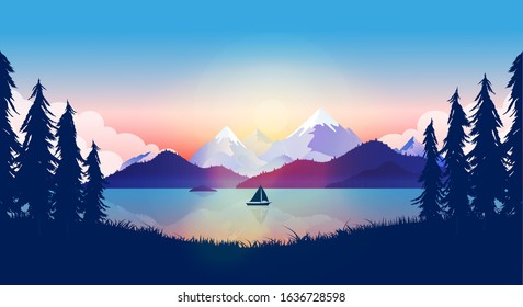 Calm lake in beautiful nature landscape. Boat on water in sunset, mountains reflecting in the ocean a late evening, peace and quiet background. Adventure, traveling concept in vector illustration.